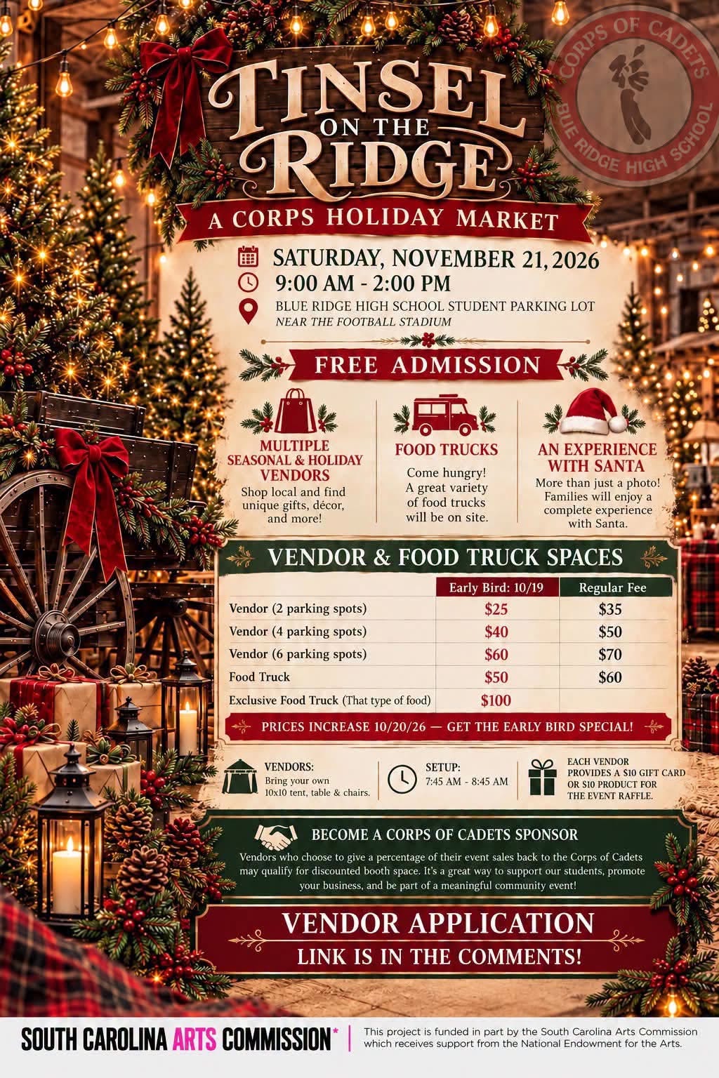 Tinsel on the Ridge flyer: A Corps Holiday Market, Saturday November 21 2026, 9 AM to 2 PM, Blue Ridge High School student parking lot, free admission, with vendor and food truck pricing